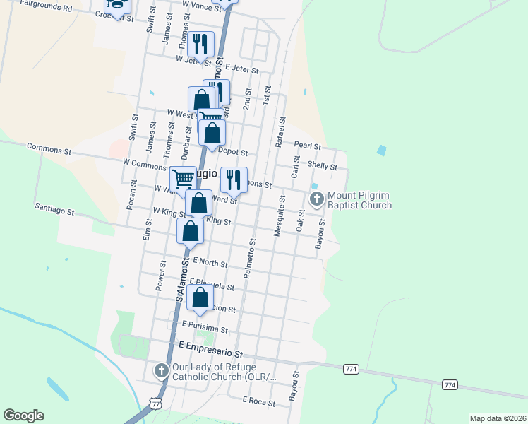 map of restaurants, bars, coffee shops, grocery stores, and more near 310 East Ward Street in Refugio