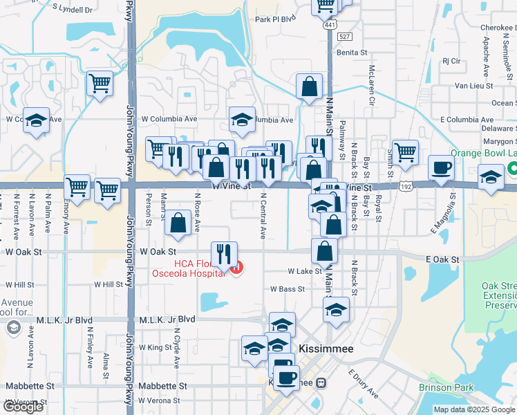 map of restaurants, bars, coffee shops, grocery stores, and more near in Kissimmee