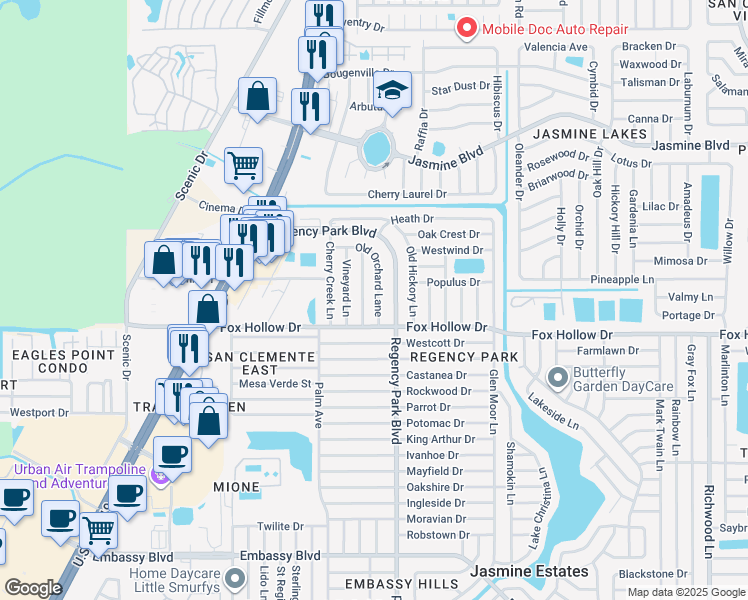 map of restaurants, bars, coffee shops, grocery stores, and more near 10029 Old Orchard Lane in Port Richey