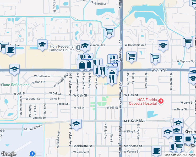 map of restaurants, bars, coffee shops, grocery stores, and more near 1536 West Vine Street in Kissimmee