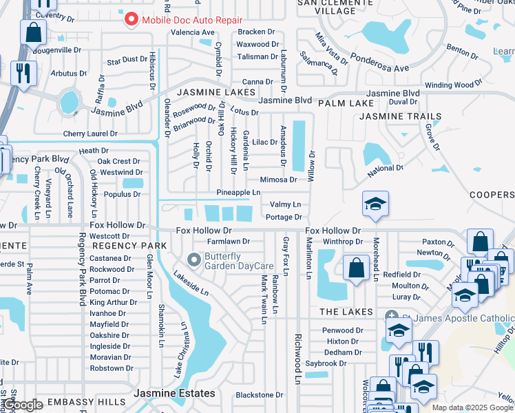 map of restaurants, bars, coffee shops, grocery stores, and more near 7839 Valmy Lane in Port Richey