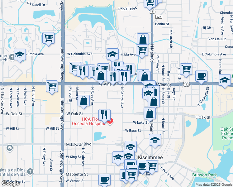 map of restaurants, bars, coffee shops, grocery stores, and more near 1398 North Central Avenue in Kissimmee