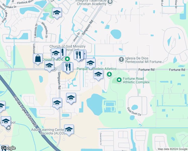 map of restaurants, bars, coffee shops, grocery stores, and more near 1215 La Fortuna Boulevard in Kissimmee