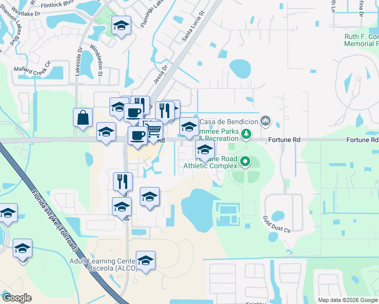 map of restaurants, bars, coffee shops, grocery stores, and more near 1214 La Fortuna Boulevard in Kissimmee