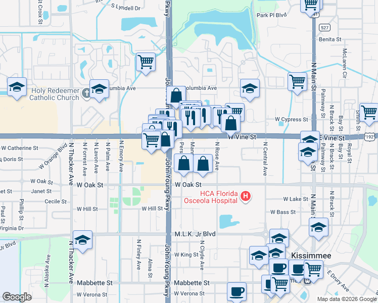 map of restaurants, bars, coffee shops, grocery stores, and more near 1006 West Cherry Street in Kissimmee