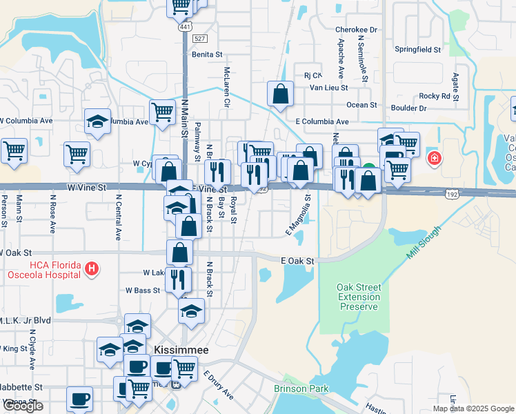 map of restaurants, bars, coffee shops, grocery stores, and more near 601 Elizabeth Street in Kissimmee