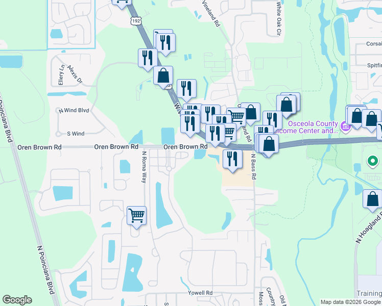 map of restaurants, bars, coffee shops, grocery stores, and more near 4538 Alberto Circle in Kissimmee