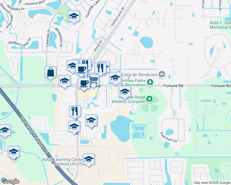map of restaurants, bars, coffee shops, grocery stores, and more near 1216 La Fortuna Boulevard in Kissimmee