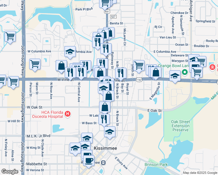 map of restaurants, bars, coffee shops, grocery stores, and more near 1221 North Main Street in Kissimmee