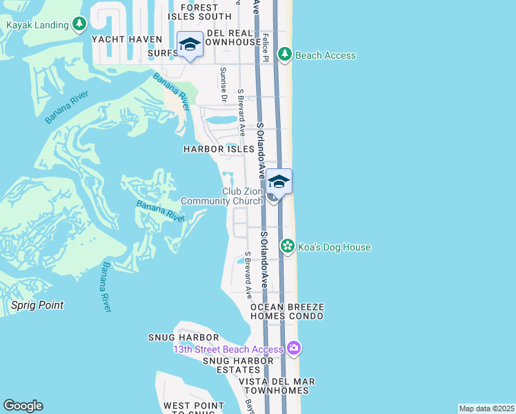 map of restaurants, bars, coffee shops, grocery stores, and more near 840 South Orlando Avenue in Cocoa Beach