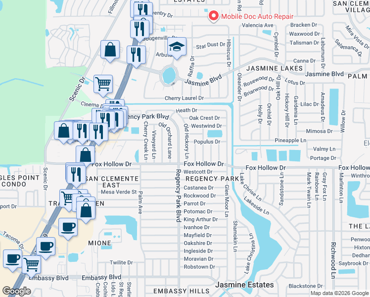 map of restaurants, bars, coffee shops, grocery stores, and more near 10033 Old Hickory Lane in Port Richey