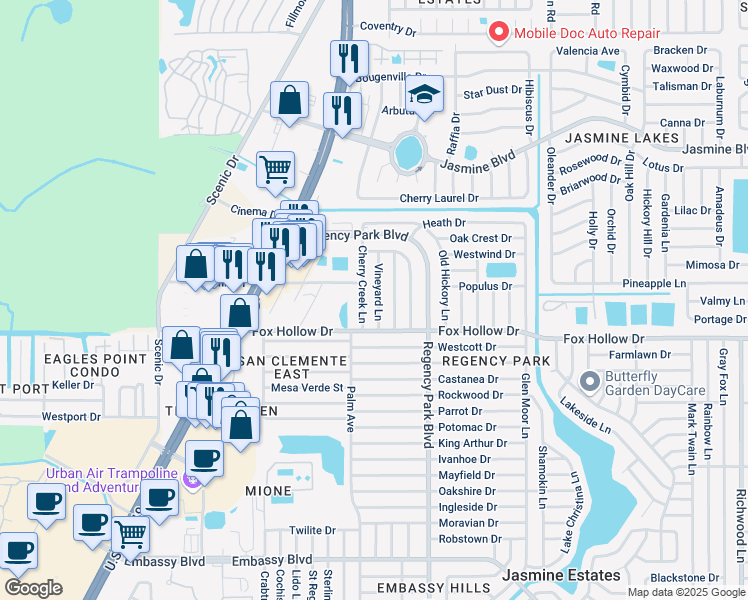 map of restaurants, bars, coffee shops, grocery stores, and more near 10033 Vineyard Lane in Port Richey