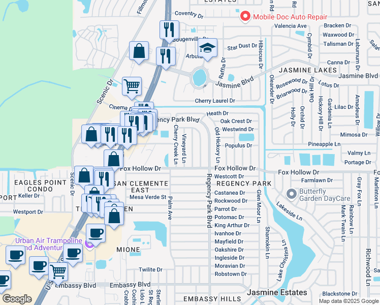 map of restaurants, bars, coffee shops, grocery stores, and more near 10033 Vineyard Lane in Port Richey