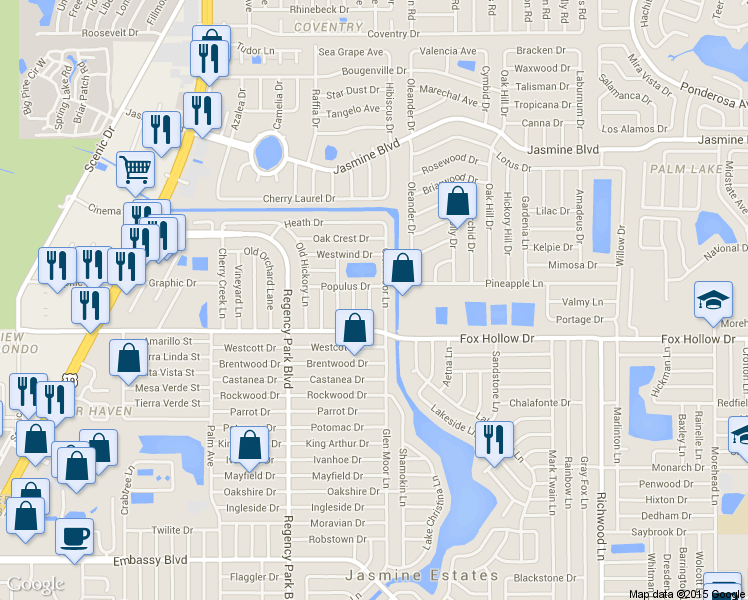 map of restaurants, bars, coffee shops, grocery stores, and more near 10032 Brunswick Lane in Port Richey