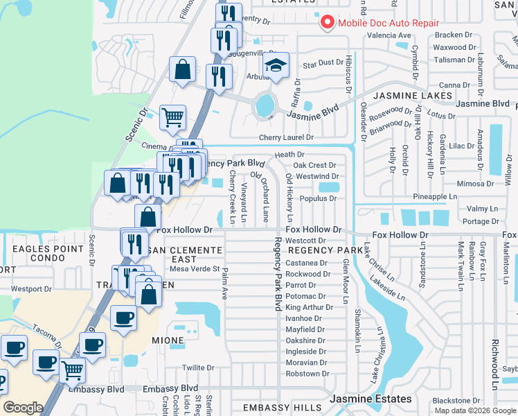 map of restaurants, bars, coffee shops, grocery stores, and more near 10032 Old Orchard Lane in Port Richey