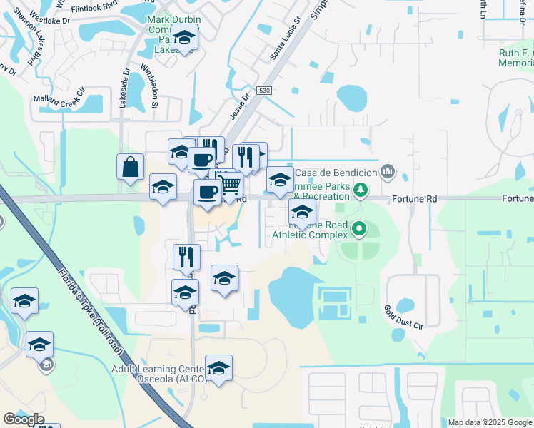map of restaurants, bars, coffee shops, grocery stores, and more near 2401 Ming Court in Kissimmee