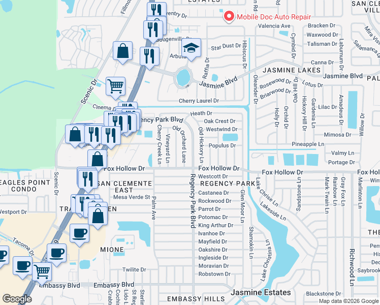 map of restaurants, bars, coffee shops, grocery stores, and more near 10032 Old Orchard Lane in Port Richey