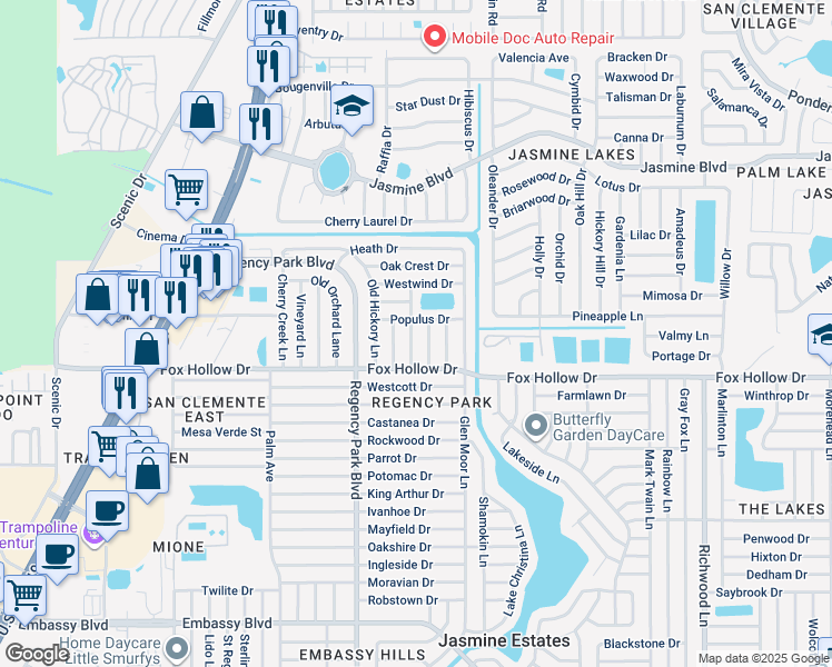 map of restaurants, bars, coffee shops, grocery stores, and more near 10032 Kingswood Lane in Port Richey
