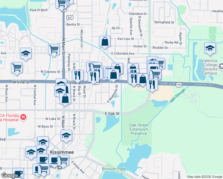 map of restaurants, bars, coffee shops, grocery stores, and more near 1219 Ingram Street in Kissimmee