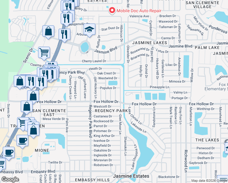 map of restaurants, bars, coffee shops, grocery stores, and more near 10032 Brunswick Lane in Port Richey