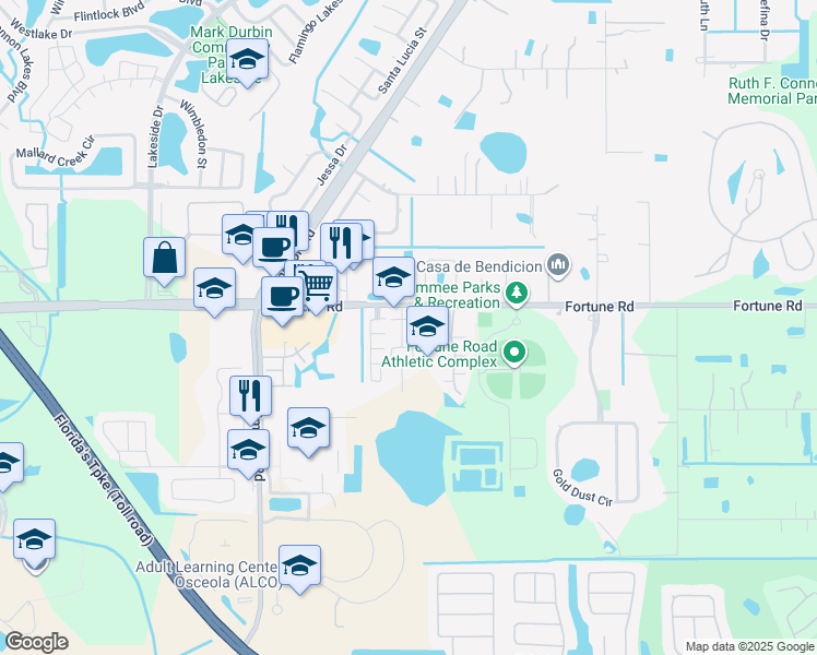 map of restaurants, bars, coffee shops, grocery stores, and more near 1219 La Fortuna Boulevard in Kissimmee