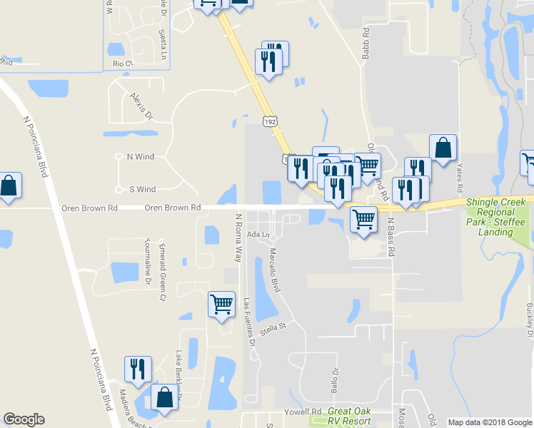map of restaurants, bars, coffee shops, grocery stores, and more near 4550 Baleno Lane in Kissimmee
