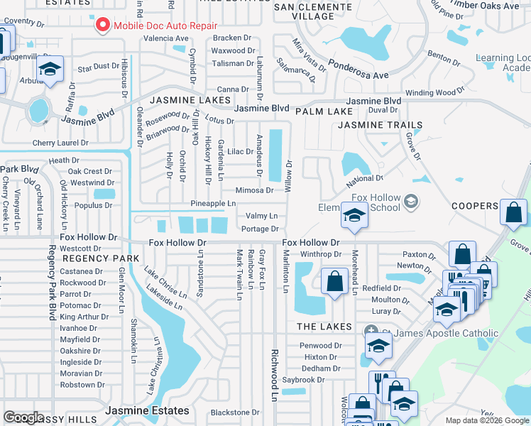 map of restaurants, bars, coffee shops, grocery stores, and more near 7937 Valmy Lane in Port Richey