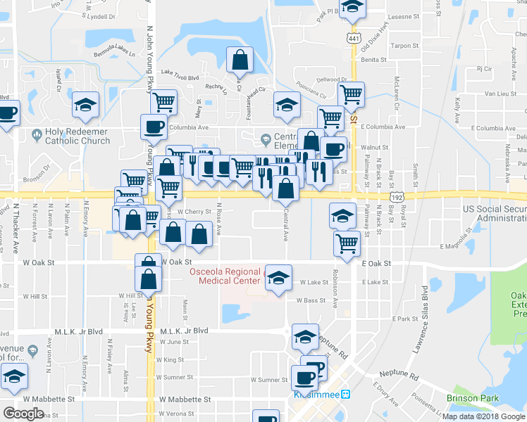 map of restaurants, bars, coffee shops, grocery stores, and more near 512 West Cherry Street in Kissimmee