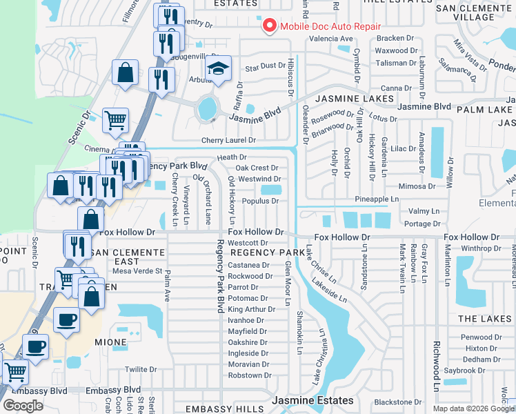 map of restaurants, bars, coffee shops, grocery stores, and more near 10032 Kingswood Lane in Port Richey