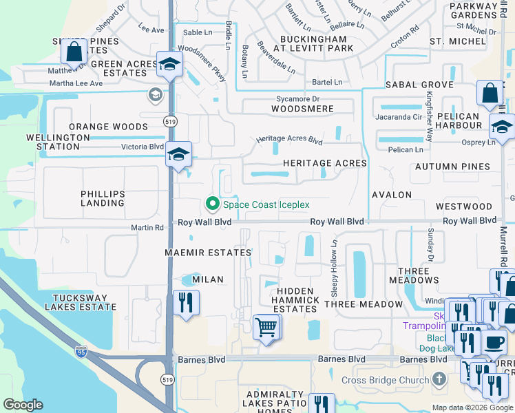 map of restaurants, bars, coffee shops, grocery stores, and more near 1338 Centennial Way in Rockledge