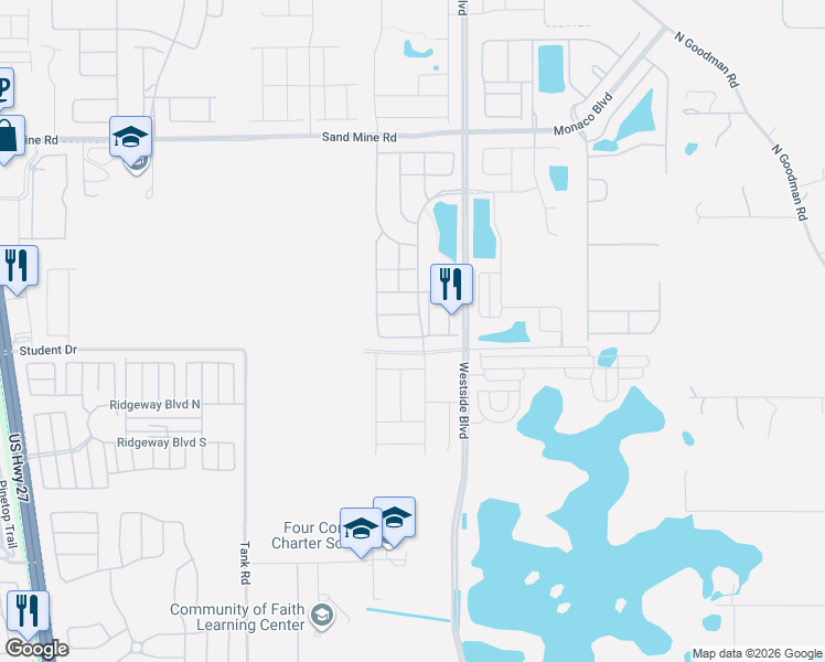 map of restaurants, bars, coffee shops, grocery stores, and more near 1517 Nassau Point Trail in Kissimmee