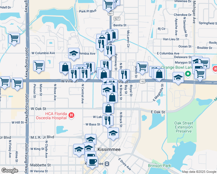 map of restaurants, bars, coffee shops, grocery stores, and more near 1221 North Main Street in Kissimmee