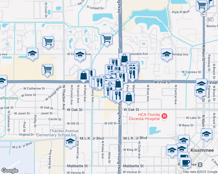 map of restaurants, bars, coffee shops, grocery stores, and more near 1312 North John Young Parkway in Kissimmee