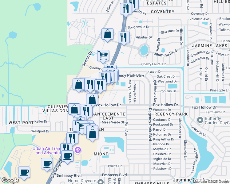 map of restaurants, bars, coffee shops, grocery stores, and more near 10107 Floral Way in Port Richey