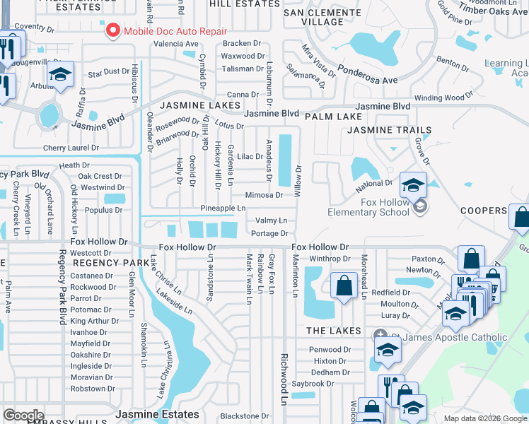 map of restaurants, bars, coffee shops, grocery stores, and more near 7937 Valmy Lane in Port Richey