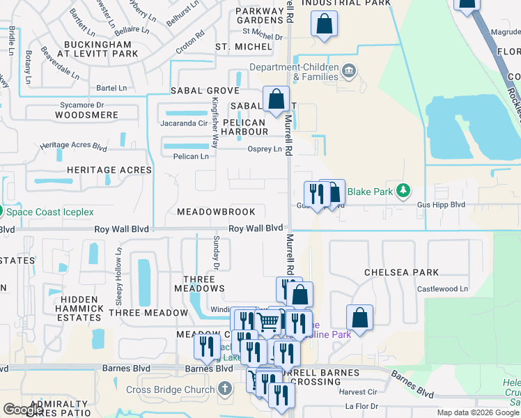 map of restaurants, bars, coffee shops, grocery stores, and more near 905 Whetstone Place in Rockledge