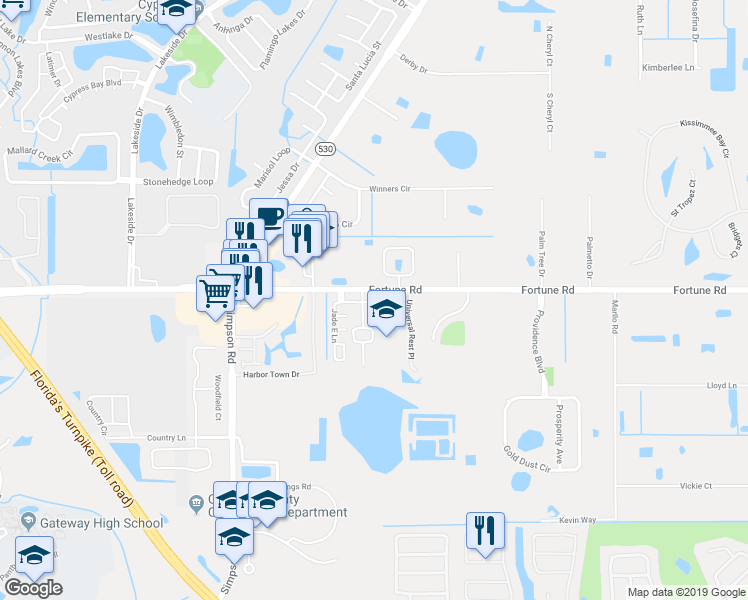 map of restaurants, bars, coffee shops, grocery stores, and more near 1219 La Fortuna Boulevard in Kissimmee
