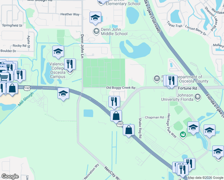map of restaurants, bars, coffee shops, grocery stores, and more near 1600 Mohegan Boulevard in Kissimmee
