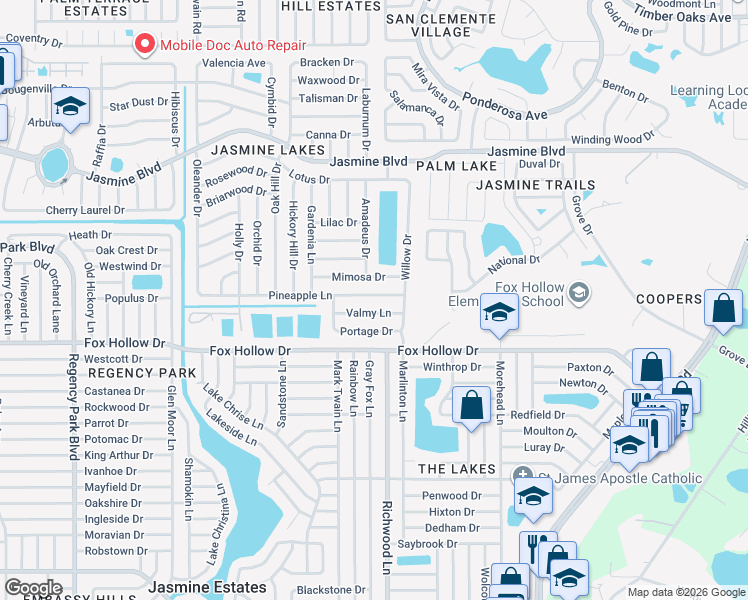 map of restaurants, bars, coffee shops, grocery stores, and more near 7937 Valmy Lane in Port Richey
