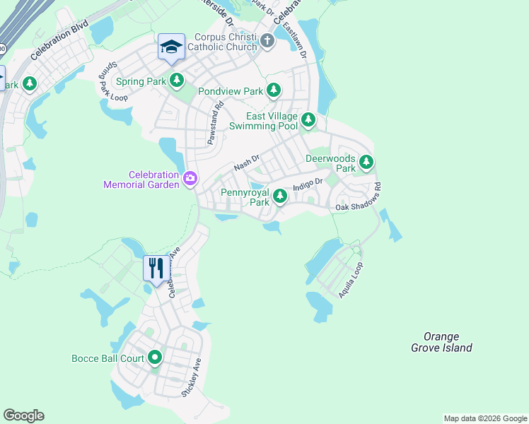 map of restaurants, bars, coffee shops, grocery stores, and more near 724 Oak Shadows Road in Kissimmee