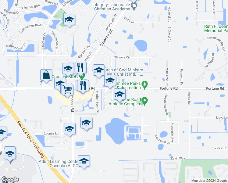 map of restaurants, bars, coffee shops, grocery stores, and more near 2411 Montiano Court in Kissimmee