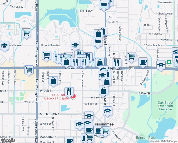map of restaurants, bars, coffee shops, grocery stores, and more near 302 West Vine Street in Kissimmee