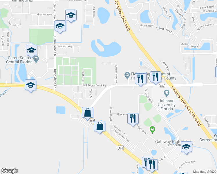 map of restaurants, bars, coffee shops, grocery stores, and more near 2307 Old Boggy Creek Road in Kissimmee