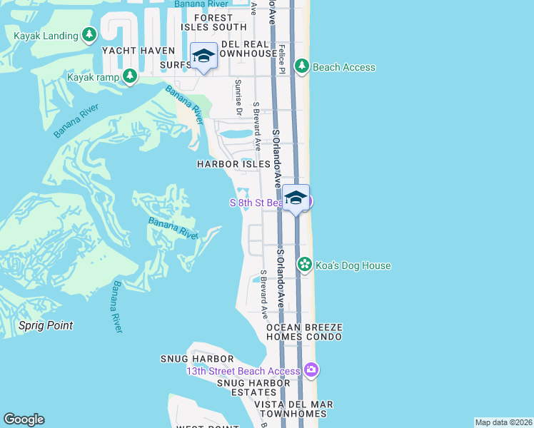 map of restaurants, bars, coffee shops, grocery stores, and more near 830 South Orlando Avenue in Cocoa Beach