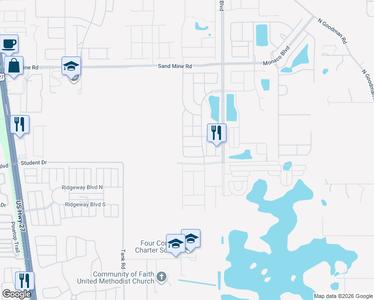 map of restaurants, bars, coffee shops, grocery stores, and more near 1517 Nassau Point Trail in Kissimmee