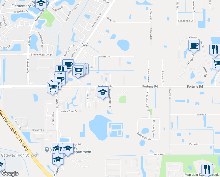 map of restaurants, bars, coffee shops, grocery stores, and more near 1001-1099 Universal Rest Place in Kissimmee