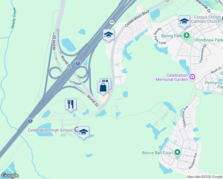 map of restaurants, bars, coffee shops, grocery stores, and more near 1640 Celebration Boulevard in Celebration