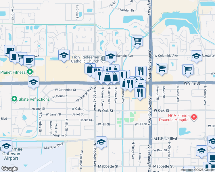 map of restaurants, bars, coffee shops, grocery stores, and more near 2985 Homerun Road in Kissimmee