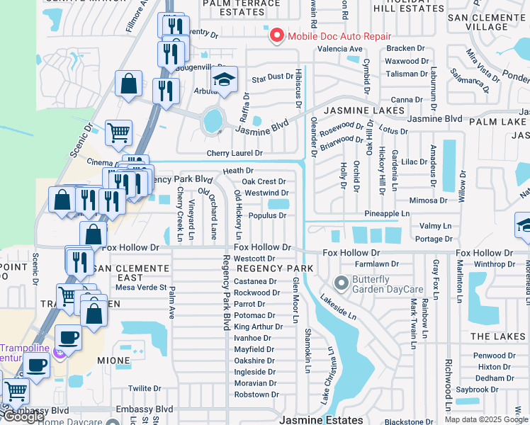 map of restaurants, bars, coffee shops, grocery stores, and more near 10110 Kingswood Lane in Port Richey