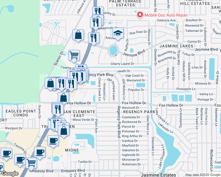 map of restaurants, bars, coffee shops, grocery stores, and more near 10110 Brandywine Lane in Port Richey